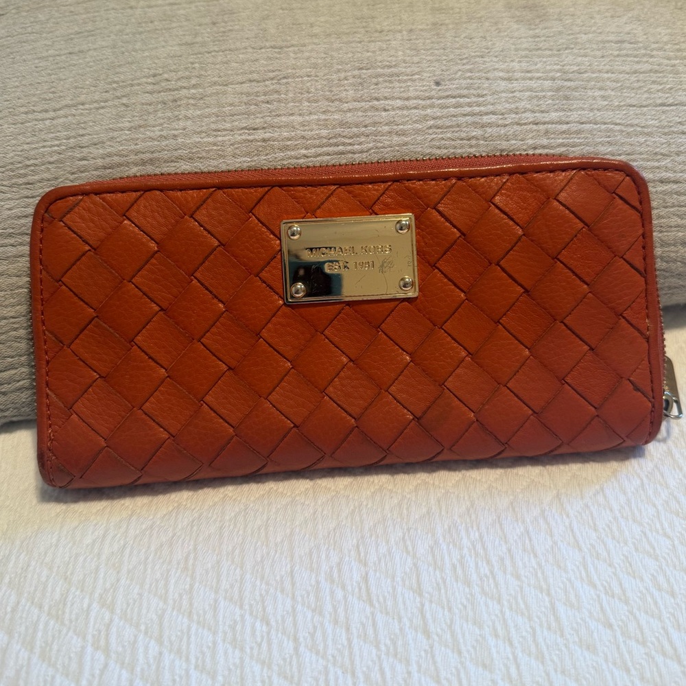 Michael Kors Woven Zip-Around Wallet in Rust Orange with Gold Plate